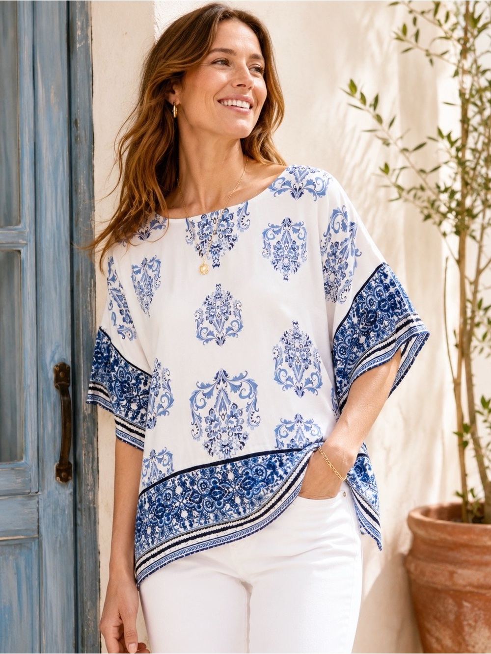 Desigual Women Blue & White Paisley Floral Relax Fit Blouse SMALL Classic